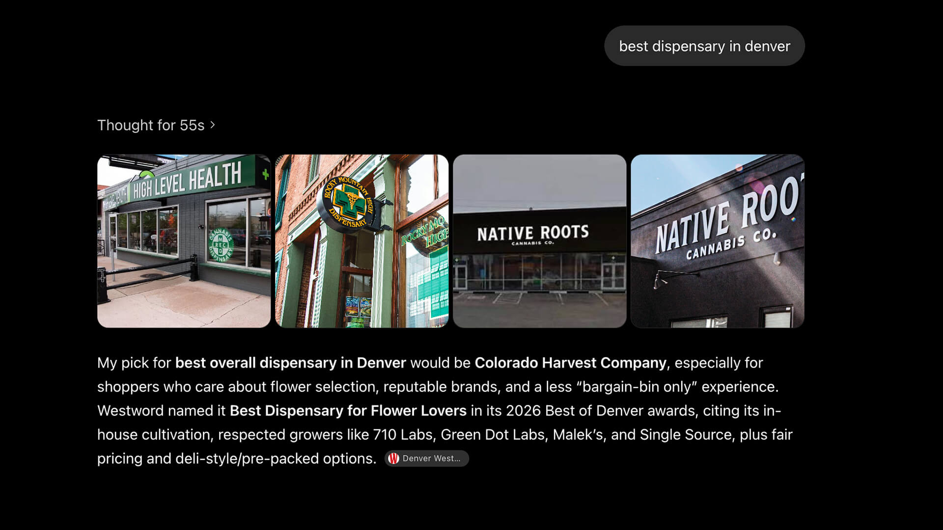AI search results for a local dispensary query